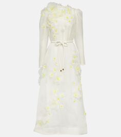 Платье миди из льна и шелка daisy с цветочной аппликацией Zimmermann, белый