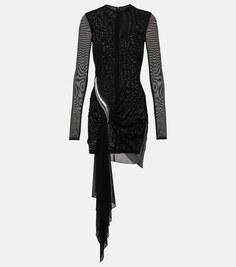 Асимметричное мини-платье из сетки со сборками David Koma, черный