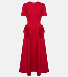Платье миди из креп-кутюр с цветочной аппликацией Valentino, красный