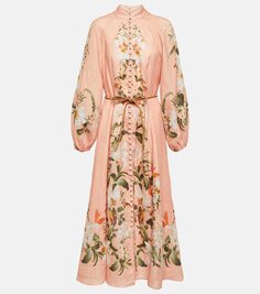 Льняное платье миди lexi с цветочным принтом Zimmermann, розовый