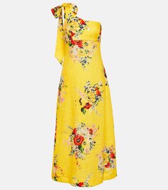 Льняное платье миди на одно плечо с цветочным принтом Zimmermann, желтый