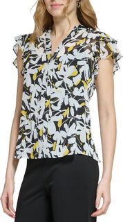 Плиссированная блузка с короткими рукавами и пуговицами спереди DKNY, цвет Black/Pop Yellow Multi