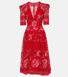 Платье миди из цветочного кружева Elie Saab, красный