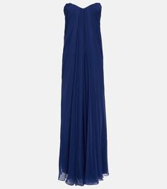 Платье из шелкового шифона без бретелек с драпировкой Alexander Mcqueen, синий