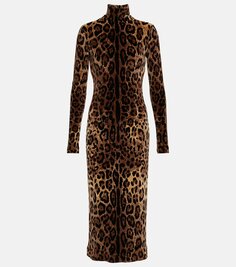 Жаккардовое платье макси с леопардовым принтом Dolce&amp;Gabbana, коричневый