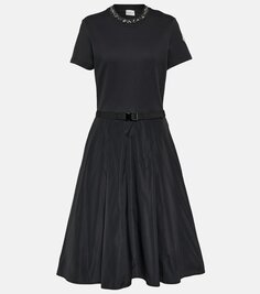 Платье миди из хлопка с поясом и декором Moncler, черный