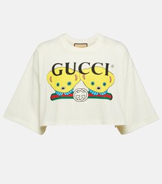 Укороченная футболка из хлопкового джерси с принтом Gucci, мультиколор