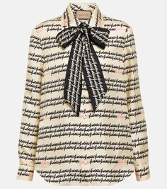 Шелковая блузка с принтом и воротником-стойкой Gucci, бежевый