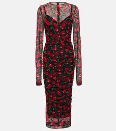 Платье миди из тюля с вишневым принтом Dolce&amp;Gabbana, мультиколор