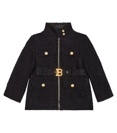 Пальто с логотипом и поясом Balmain Kids, черный