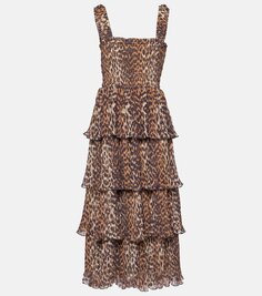 Платье миди из жоржета с леопардовым принтом Ganni, мультиколор
