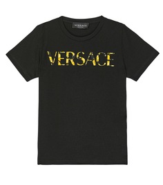 Хлопковая футболка с логотипом Versace Kids, черный