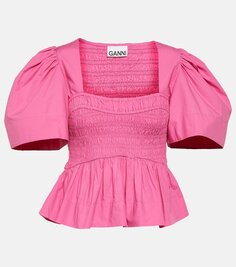 Блуза из хлопкового поплина со сборками Ganni, розовый