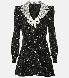 Мини-платье из шелка и кружева с цветочным принтом Alessandra Rich, черный