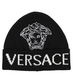 Жаккардовая шерстяная шапка с логотипом Versace Kids, черный