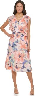 Платье миди с V-образным вырезом и рукавами с рюшами DKNY, цвет Sunkist Coral/Spring Navy Multi