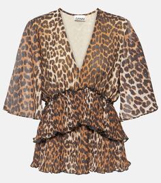 Ярусная блузка из жоржета с леопардовым принтом Ganni, коричневый