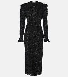 Платье макси из хлопкового кружева с объемными рукавами Alessandra Rich, черный