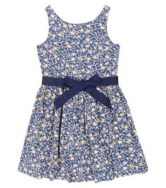 Хлопковое платье с бантом и цветочным принтом Polo Ralph Lauren Kids, синий