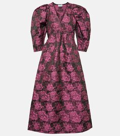 Жаккардовое платье миди с цветочным принтом Ganni, мультиколор