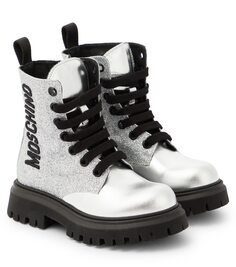 Кожаные ботинки с блестками и логотипом Moschino Kids, серебро