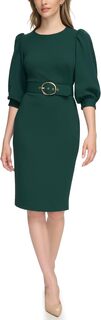 Короткое платье-футляр из крепа Scuba с объемными рукавами 3/4 и поясом Calvin Klein, цвет Malachite
