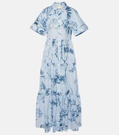Платье макси из хлопкового поплина с принтом Erdem, синий