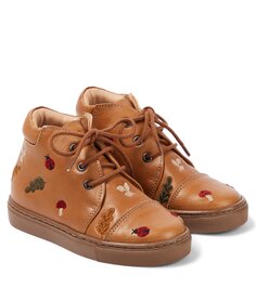 Кожаные туфли на шнуровке с вышивкой Petit Nord, коричневый