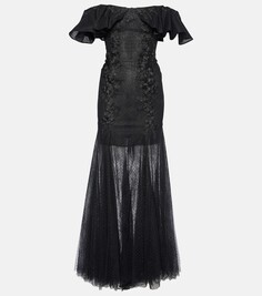 Платье из кружева и тюля с оборками Costarellos, черный