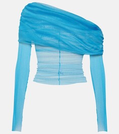 Шелковый топ со сборками и открытыми плечами Christopher Esber, синий