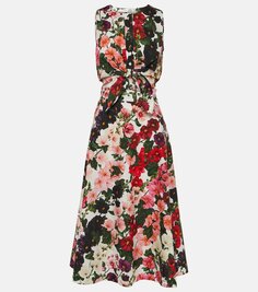 Платье миди из смесового хлопка с цветочным принтом Oscar De La Renta, мультиколор
