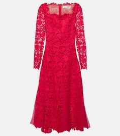 Платье миди из гипюрового кружева с цветочным принтом Oscar De La Renta, розовый