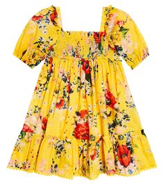 Платье из хлопка с цветочным принтом Zimmermann Kids, желтый