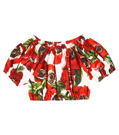 Хлопковый укороченный топ с открытыми плечами и цветочным принтом Dolce&amp;Gabbana Kids, красный