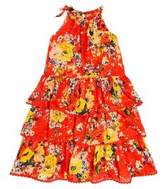 Легкое многоярусное хлопковое платье с цветочным принтом Zimmermann Kids, красный