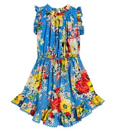 Платье из хлопка с цветочным принтом Zimmermann Kids, синий