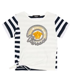 Футболка из хлопкового джерси в полоску с принтом Versace Kids, мультиколор