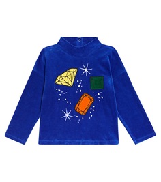 Велюровый свитер с аппликацией из драгоценных камней Mini Rodini, синий