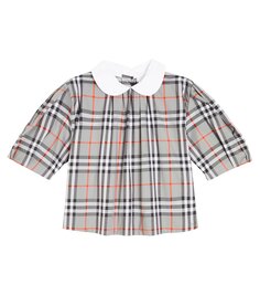 Блуза в клетку из смесового хлопка Burberry Kids, серый