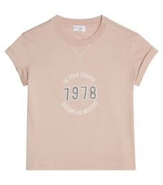 Украшенная хлопковая футболка Brunello Cucinelli Kids, розовый