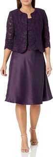 Платье-жакет чайной длины с кружевным открытым жакетом и майкой и атласной юбкой Alex Evenings, цвет Eggplant