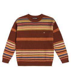 Хлопковый свитер в полоску с логотипом face Acne Studios Kids, коричневый