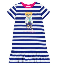 Хлопковое платье polo bear в полоску Polo Ralph Lauren Kids, синий