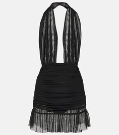 Шифоновое мини-платье с воротником халтер и оборками Norma Kamali, черный