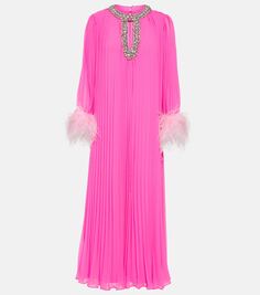 Шифоновое платье макси с перьями Self-Portrait, розовый