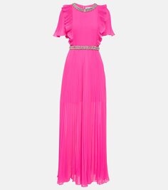 Украшенное платье макси из плиссированного шифона Self-Portrait, розовый