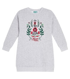 Платье-толстовка из хлопкового джерси с вышивкой Kenzo Kids, серый