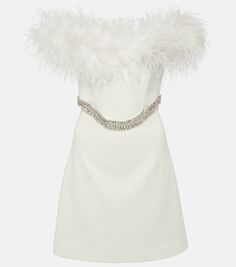 Свадебное мини-платье из крепа с отделкой перьями Rebecca Vallance, белый