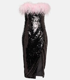 Платье миди с перьями и пайетками Self-Portrait, черный