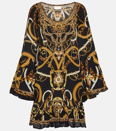 Мини-платье из шелкового крепа с открытыми плечами и принтом Camilla, мультиколор